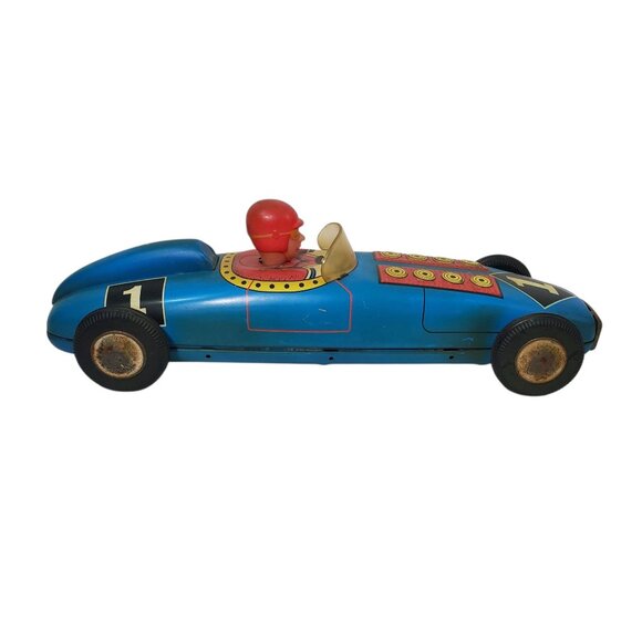 Vintage 1955 Tin Lithographed Wind-Up Indy Race Car #1 Toy Driver Blue Red WORKS - Picture 4 of 7